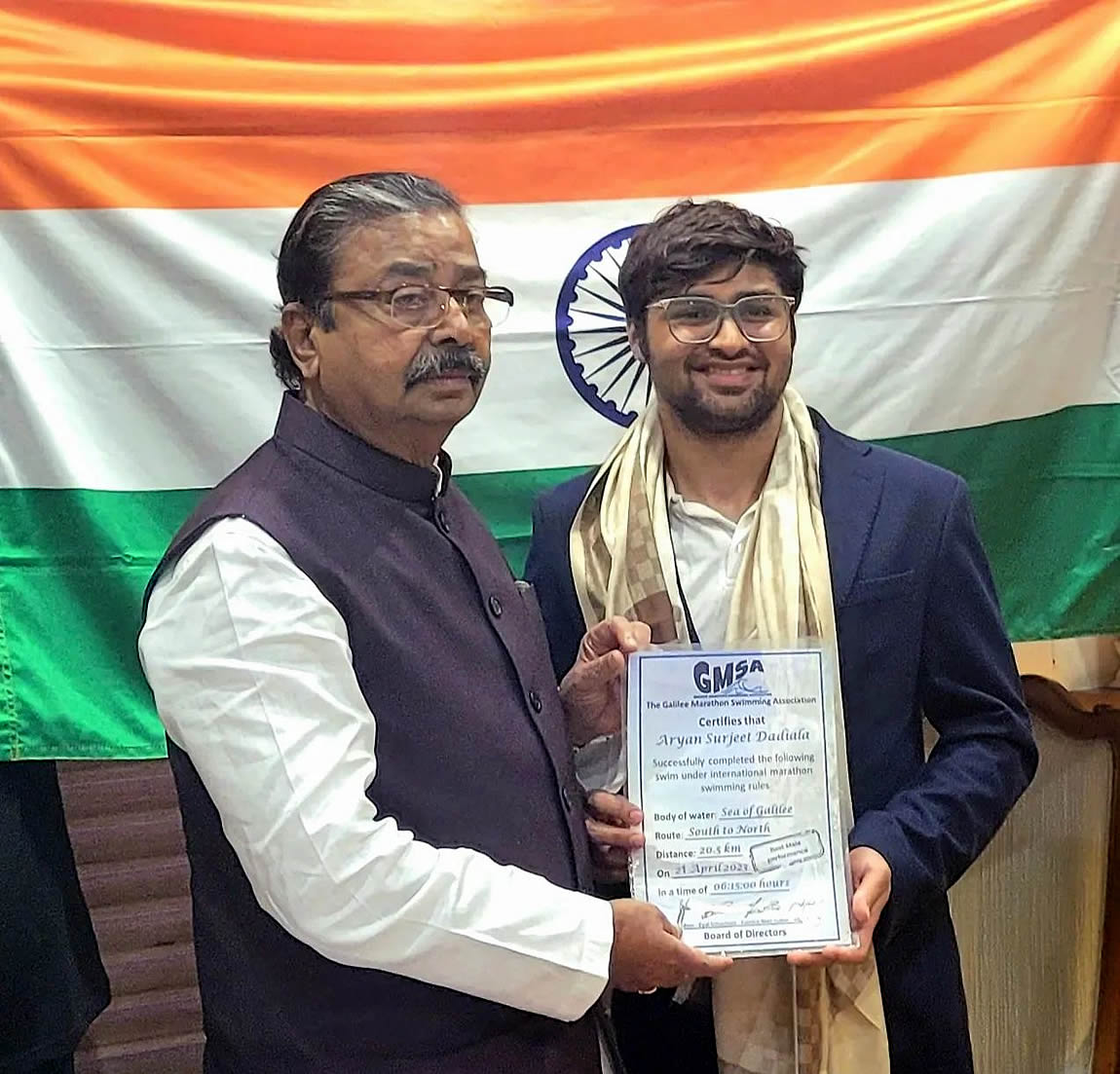 Aryan Singh Dadiala Felicitated by Shri Gajanan Kirtikar Member of Parliament (MP) from Mumbai North West (Lok Sabha constituency) in Mumbai, Maharashtra, India.